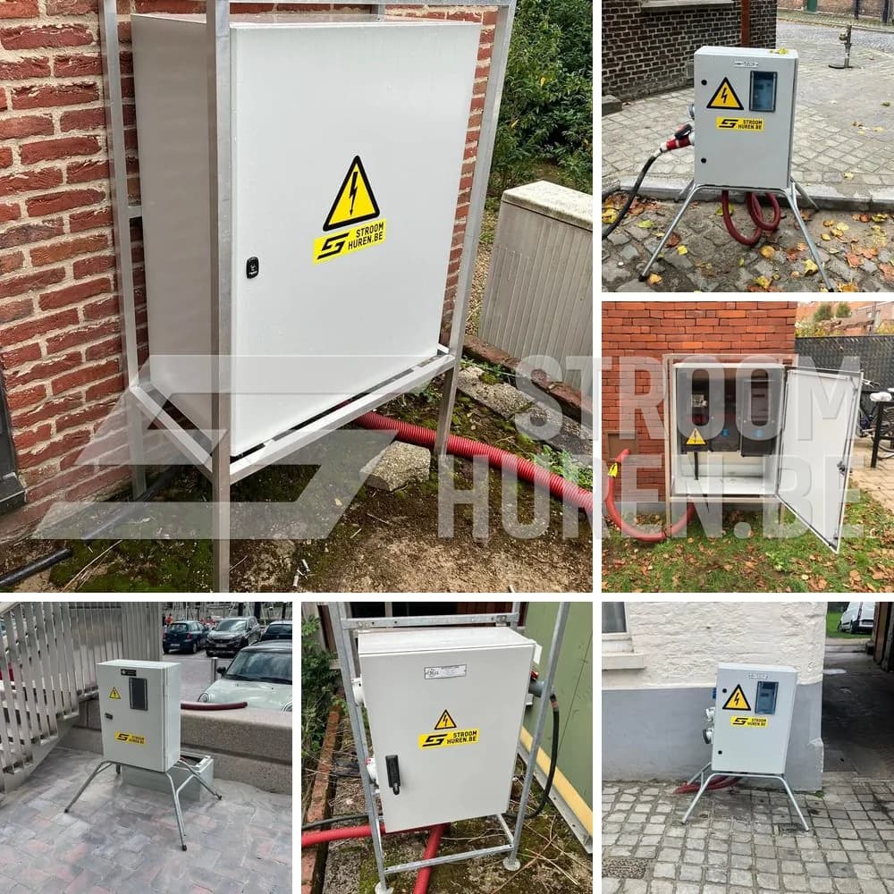 Werfkasten van Stroomhuren.be op verschillende werven: op statief, in een stalen frame en open met de meter