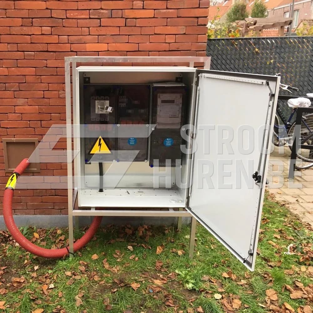 Geopende werfkast met de meter en de beveiligingen, de kabel in een rode mantelbuis